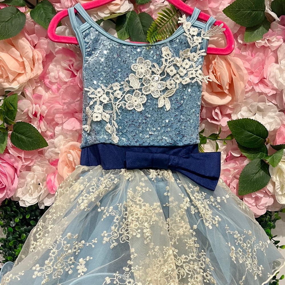 Handmade Periwinkle Blue Cream Embroidery Tulle Recital Dress Size 3-4 Year Old